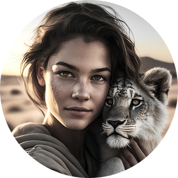 Jonge vrouw met leeuwenwelp, teder verenigd van Frank Heinz