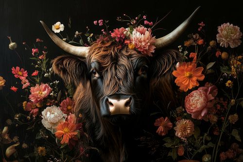Flower Crown of Nature - Majestic Bull in Blossoms