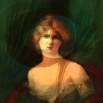 Vintage-Porträt einer jungen Frau in warmem Braun, Grün und Rot. von Dina Dankers