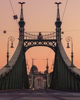 Splendeur du coucher de soleil : Le majestueux pont de la Liberté à Budapest
