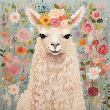 Lama mit Blumen von Wunderbare Kunst