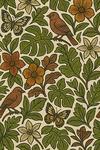 Earthy Woodland Revival : Motif Folk Art Birds & Blooms (oiseaux et fleurs)