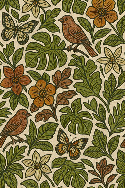 Earthy Woodland Revival : Motif Folk Art Birds &amp; Blooms (oiseaux et fleurs) par Serkistudio