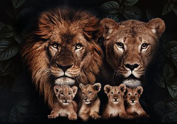 Leeuwen gezin met 4 welpen