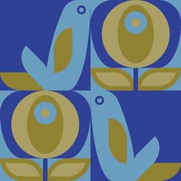Scandinavisch retro. Vogels en bladeren in mosterd, lichtblauw en kobaltblauw