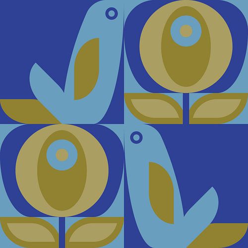 Scandinavisch retro. Vogels en bladeren in mosterd, lichtblauw en kobaltblauw