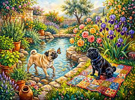 Whimsical Cottage Garden Pond Mops Illustration
