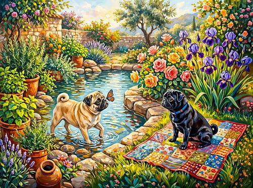 Whimsical Cottage Garden Pond Mops Illustration