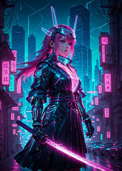 Cyberpunk Stil Anime Samurai Mädchen Japan von Ruzerin