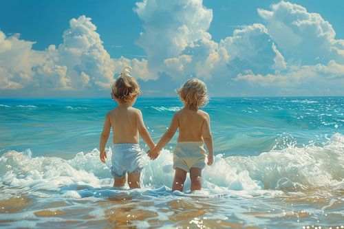 twee kinderen op het strand in de branding