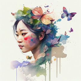 Aquarelle florale femme asiatique #7