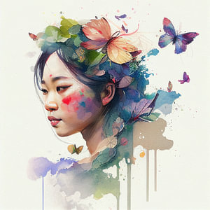Aquarellblumen Asiatische Frau #7