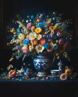 Painting of Delft blue vase with bouquet of fresh flowers and dried flowers