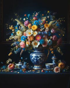 Peinture d'un vase bleu de Delft avec un bouquet de fleurs fraîches et de fleurs séchées