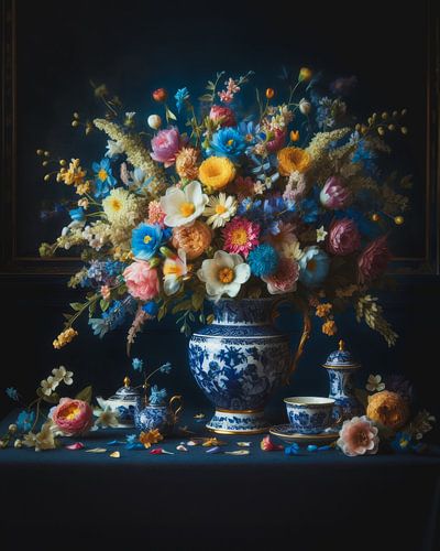 Schilderij van Delfts blauwe vaas met boeket verse bloemen en droogbloemen