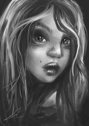 Mooie zwart wit tekening van een vrouwelijk model. Deze kunst is gemaakt in olieverf stijl.