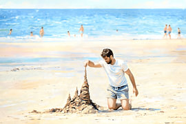 'Towards the Moment': a painting of a man on the beach building a sandcastle by Dirk van der Ven