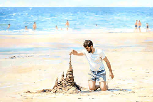 'Op naar het Moment': een schilderij van een man op het strand die een zandkasteel bouwt