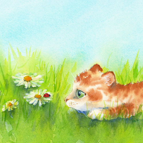 Curious kitten and ladybird on a daisy square