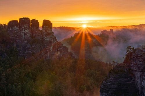 Sunrise in Saxon Switzerland at the Bastei