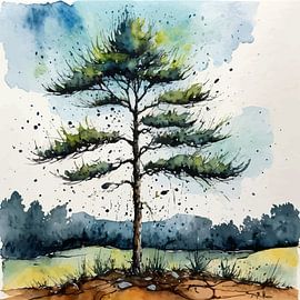 Tannenbaum Aquarell - Ausdrucksstarke Naturlandschaft