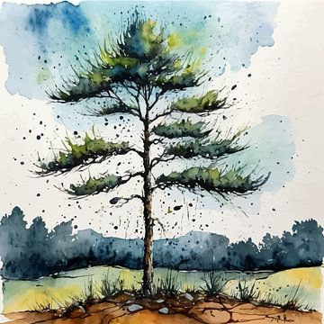 Tannenbaum Aquarell - Ausdrucksstarke Naturlandschaft