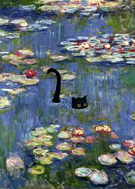 Cute Black Cat under Autumn Water lilies pond by Outdoor Way