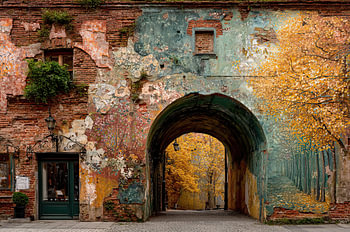Verwitterte Stadtmauer mit Waldtor - Mysteriöses Straßenkunstgemälde