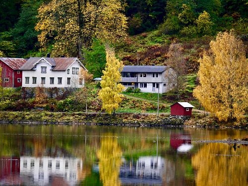 Chalets norvégiens, reflet dans l'eau