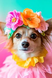 Festively decorated dog in a wreath of flowers by Poster Art Shop
