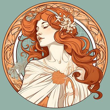 Femme aux longs cheveux roux, style Alphonse Mucha sur Jan Bechtum