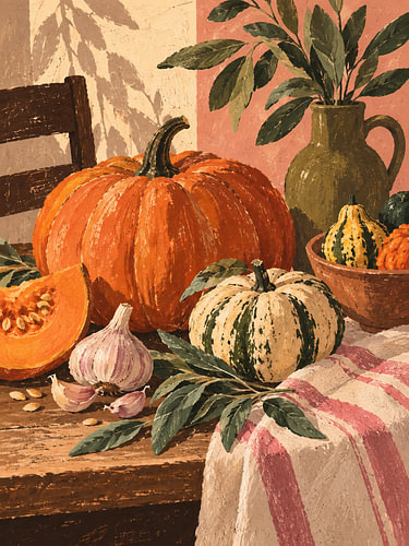 Pumpkins and herbs – an autumnal still life