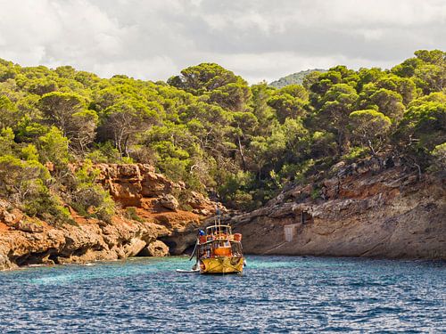 Bijzondere boot liggend in een idyllische baai van Ibiza