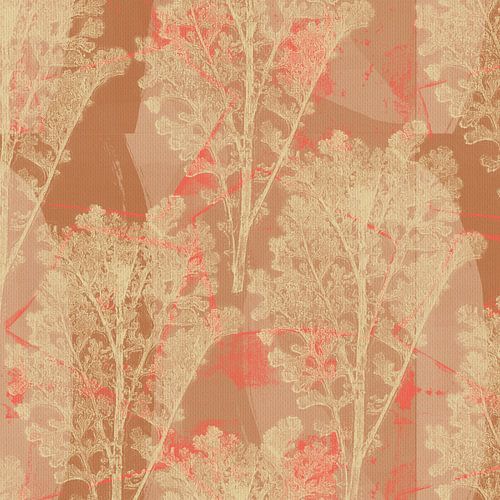 Retro botanisch patroon in beige, neonroze en bruin.