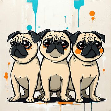 Three cheeky pugs - urban art cartoon with character by Wandbilder-Shop