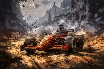 F1 auto in berg gebied op zand racend.