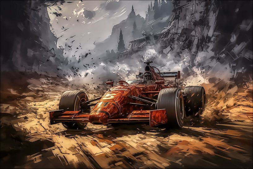 F1 auto in berg gebied op zand racend. van Harry Stok