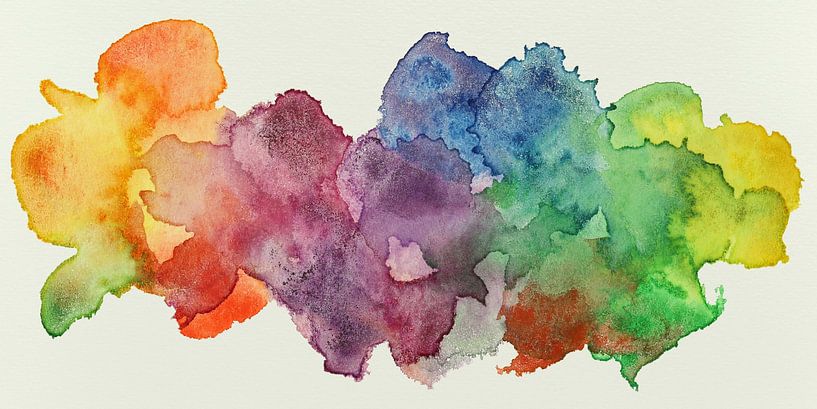 Druppels in regenboog kleuren (vrolijk abstract aquarel schilderij bonte stoere mannelijk ruig verf) van Natalie Bruns
