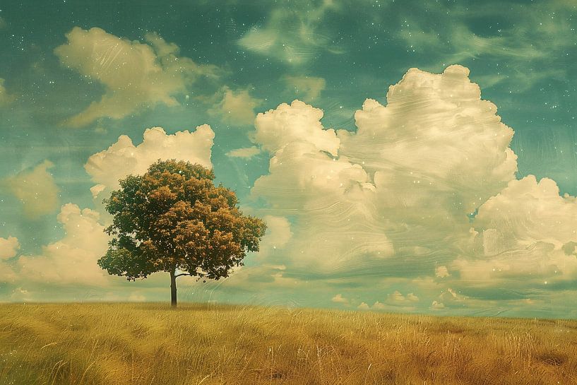 Tree in a vast field under clouds by Imperial Art House