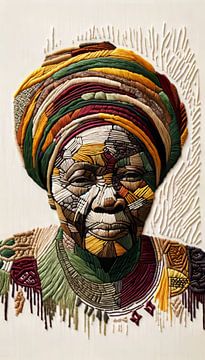 Digitaal geborduurd portret van een oude Senegalese dame van Lois Diallo