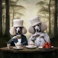 Two poodles drink tea in the forest portrait