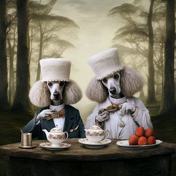 Two poodles drink tea in the forest portrait by Vlindertuin Art