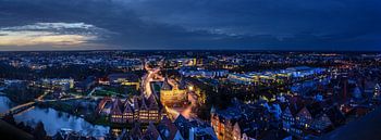 Lübeck panorama with Holsten Gate at the blue hour - long exposure