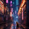 Einsame orangefarbene Katze in neonfarbener japanischer Gasse von MIROKKU
