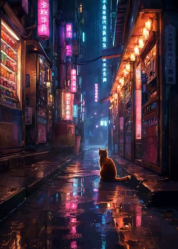 Eenzame oranje kat in neon Japans steegje