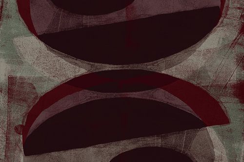 Abstracte vormen in bordeaux rood, groen en wit.