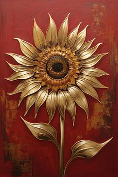 Golden Sunflower on Deep Red Background by De Muurdecoratie