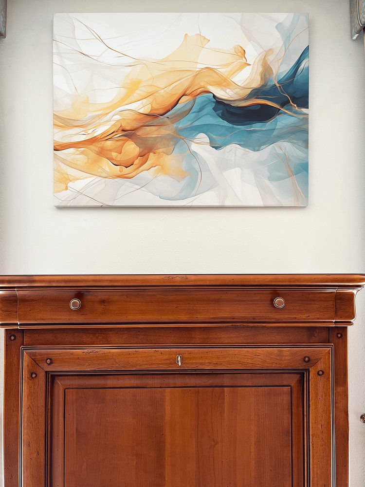 Abstracte kleurencompositie in goud, blauw en turquoise – Dromerige wanddecoratie | Modern abstract  van Danny van Eldik 