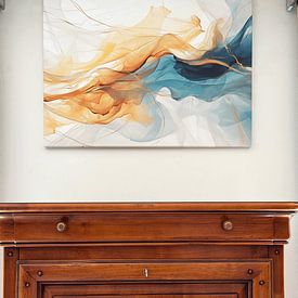Klantfoto: Abstracte kleurencompositie in goud, blauw en turquoise – Dromerige wanddecoratie | Modern abstract van Danny van Eldik, op canvas