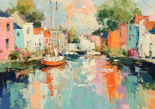 A colourful harbour with a sailing boat on the canal by Niklas Maximilian